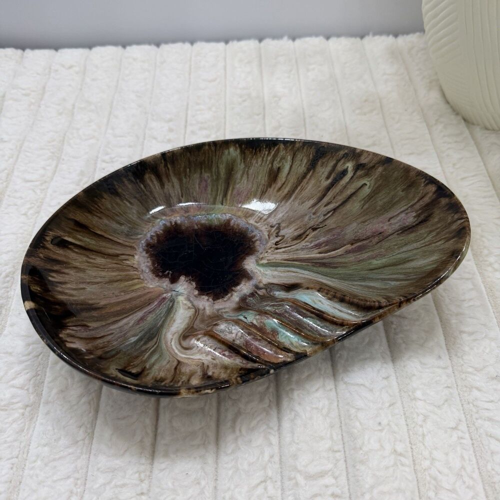 Vintage MCM Studio Art Pottery Ashtray Organic Leaf Form Brown Green Turquoise